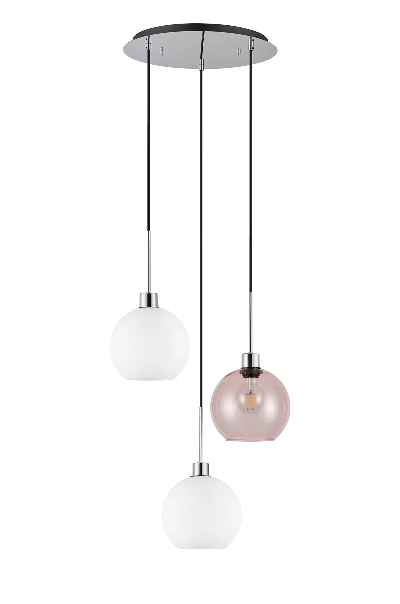 Lori 40cm Round Pendant, 3 Light Adjustable E27, Polished Chrome/Opal/Pink Open Mouth Round Globe Shades DK1275  Deco Lori Polished Chrome